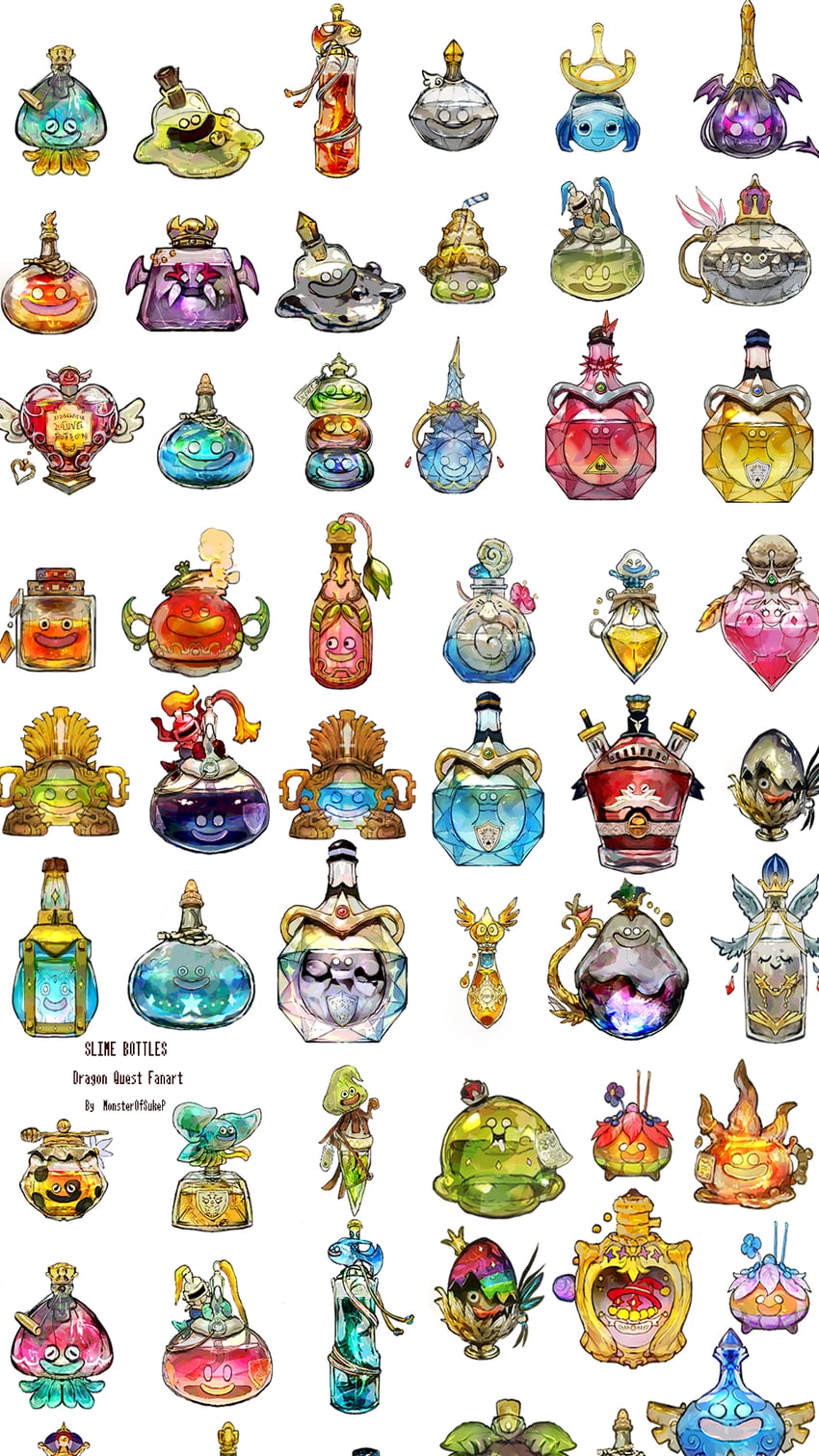 slime, healslime, king slime, metal slime, slime knight, and 34 more (dragon quest and 2 more) drawn by sukepmonster