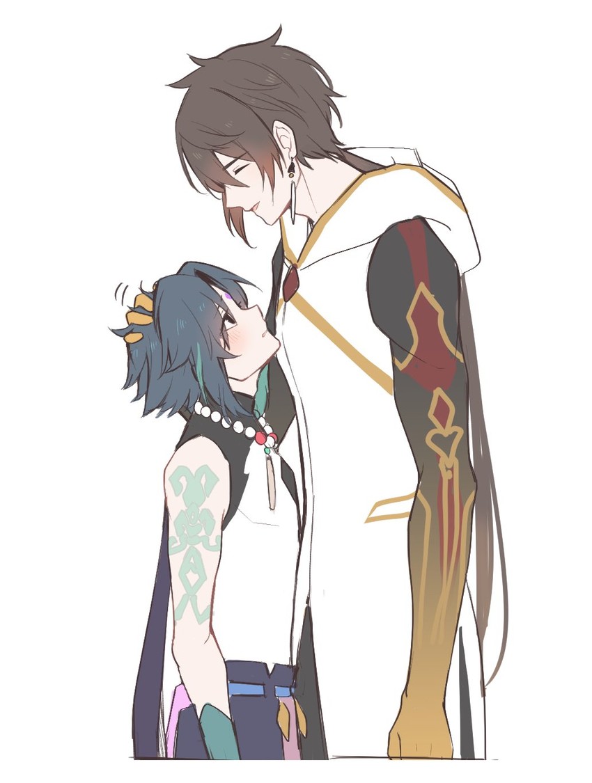 xiao and zhongli (genshin impact) drawn by goroo_(eneosu)