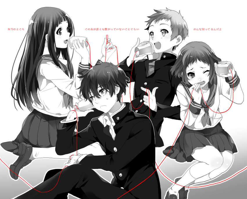 chitanda eru, oreki houtarou, ibara mayaka, and fukube satoshi (hyouka) drawn by takumi_(scya)