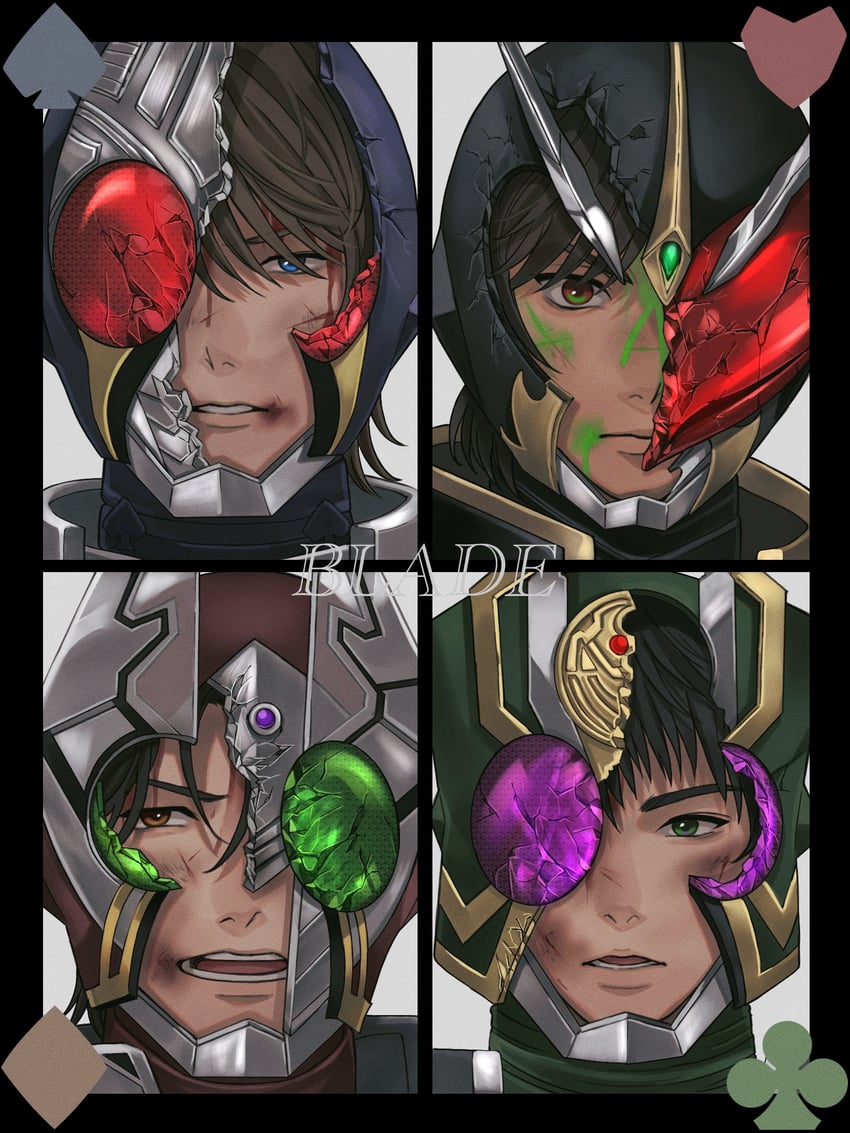 kamen rider blade, kamen rider garren, kamen rider chalice, kamen rider leangle, kenzaki kazuma, and 3 more (kamen rider and 1 more) drawn by sasakura34