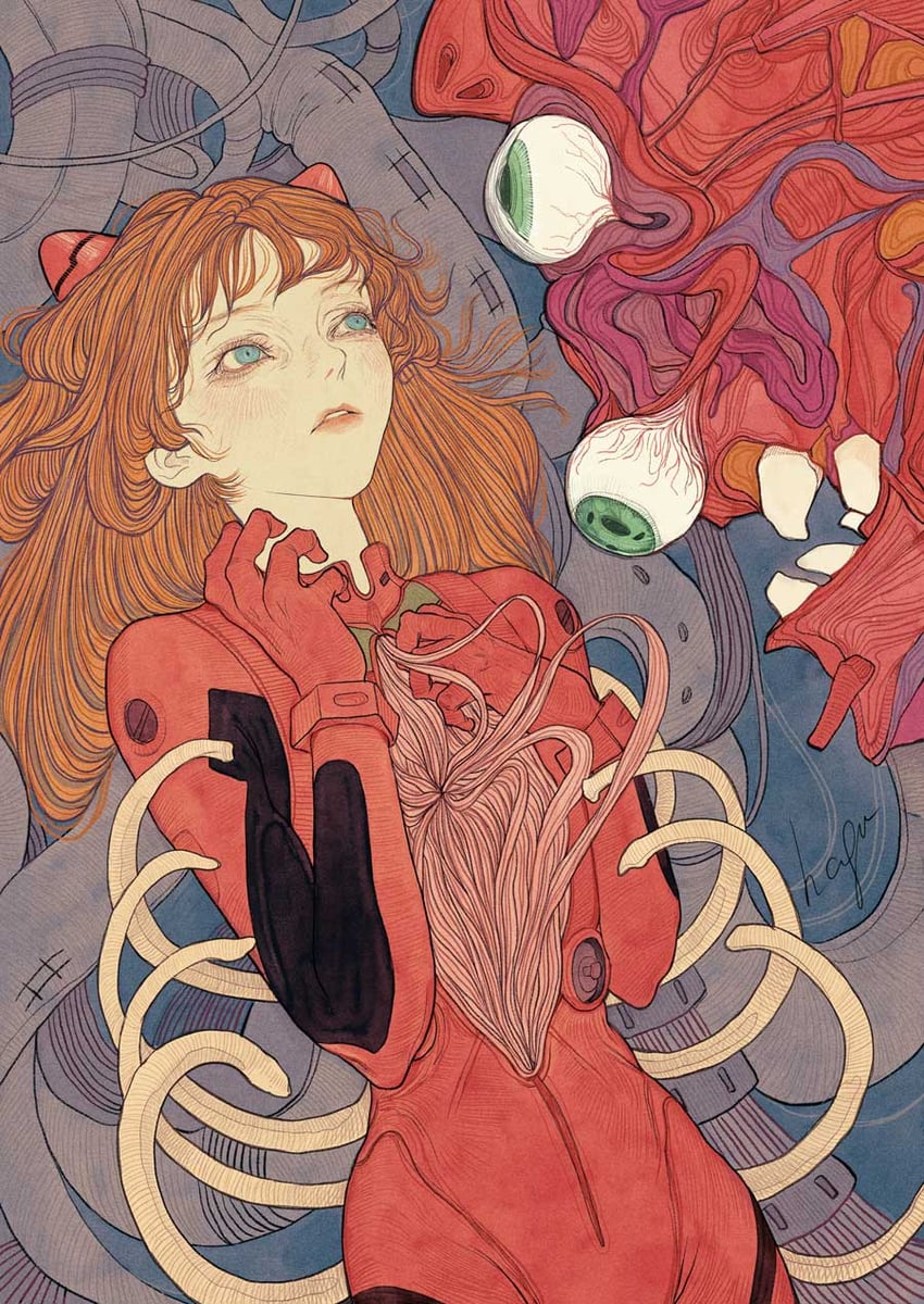 souryuu asuka langley and eva 02 (neon genesis evangelion and 1 more) drawn by hagushka