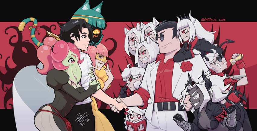lucifer, modeus, justice, helltaker, cerberus, and 6 more (helltaker and 2 more) drawn by mateus_upd