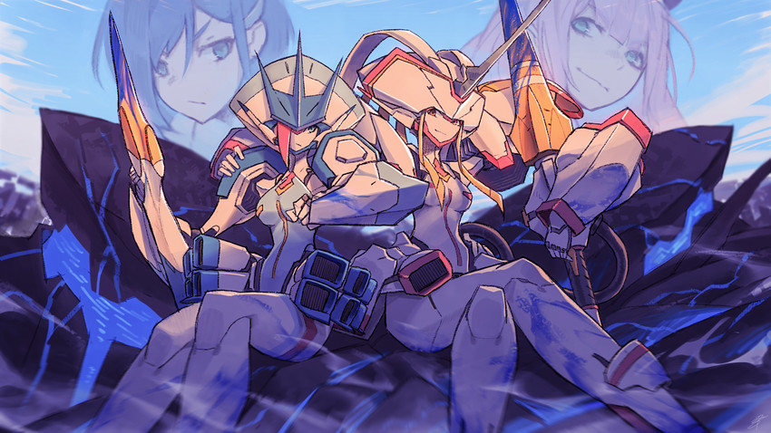 zero two, ichigo, strelizia, delphinium, and kyoryuu (darling in the franxx) drawn by zhaoyuan_pan