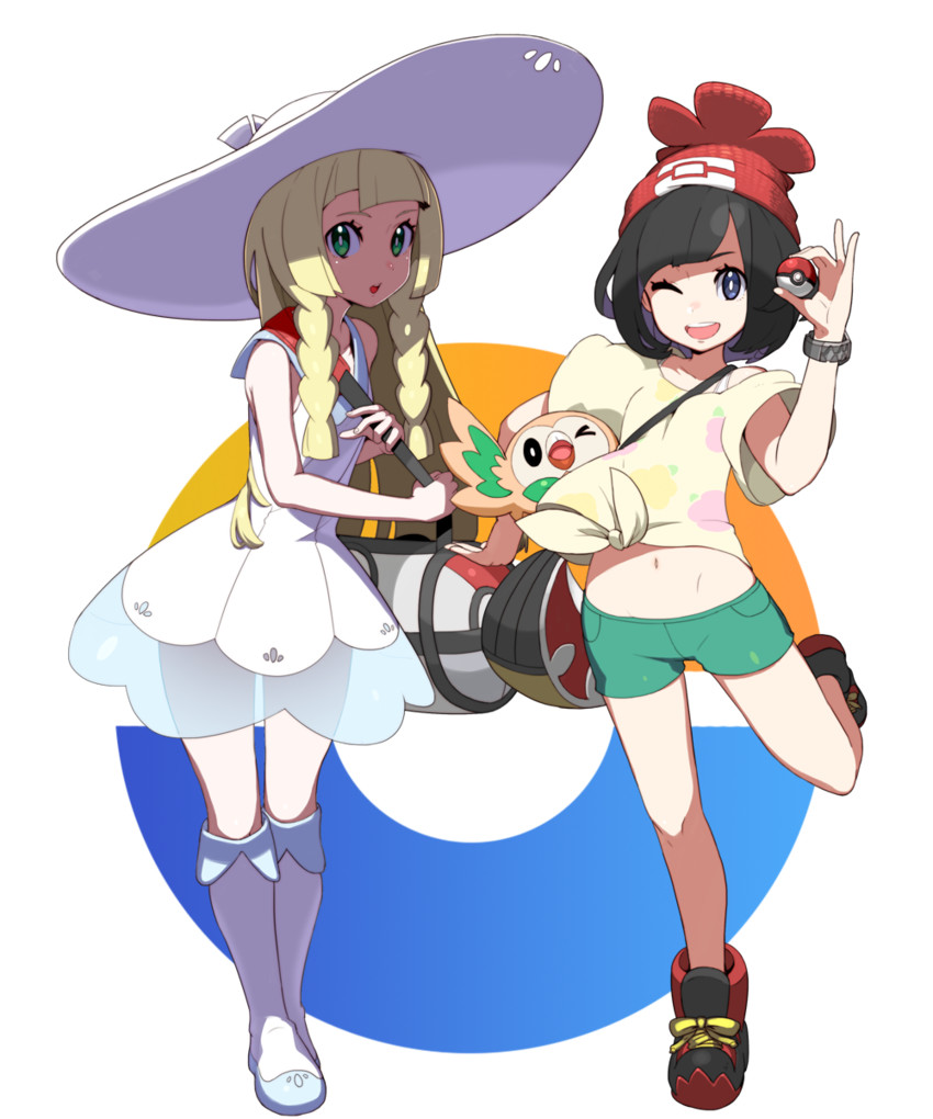 lillie, selene, and rowlet (pokemon and 1 more) drawn by tonami_kanji