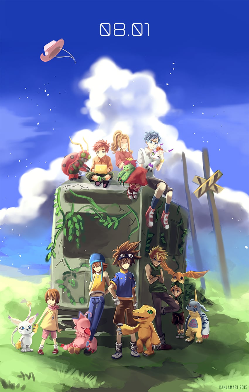 yagami hikari, yagami taichi, tailmon, agumon, tachikawa mimi, and 11 more (digimon and 1 more) drawn by kanlamari