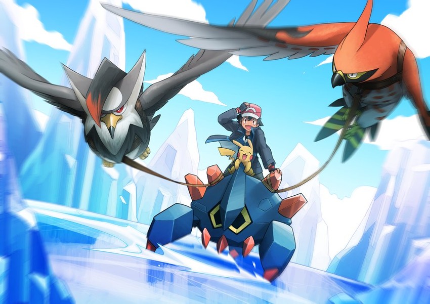 pikachu, ash ketchum, staraptor, talonflame, and boldore (pokemon and 1 more) drawn by dododo_dadada