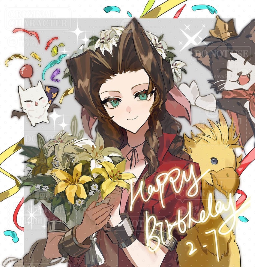 aerith gainsborough, moogle, and cait sith (final fantasy and 1 more) drawn by linerhan