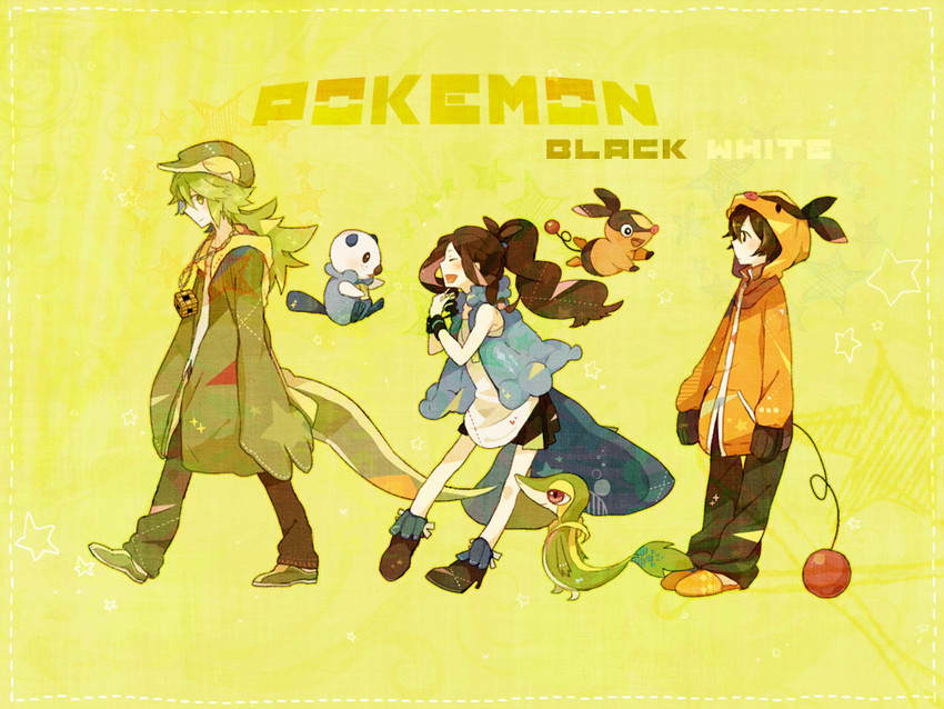 hilda, hilbert, n, oshawott, snivy, and 1 more (pokemon and 1 more) drawn by nikado_denchi