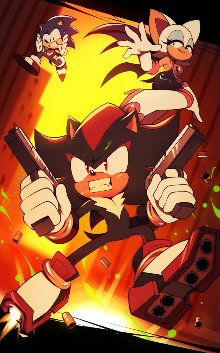 sonic the hedgehog, shadow the hedgehog, and rouge the bat (sonic and 1 more) drawn by wildblur