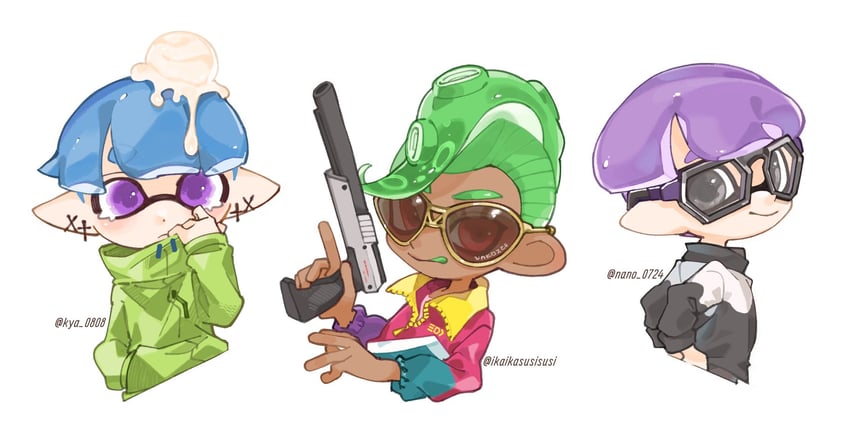 inkling player character, octoling player character, inkling boy, and octoling boy (splatoon) drawn by spl8ya