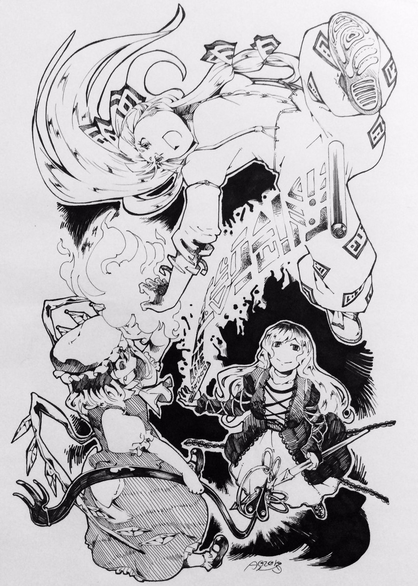flandre scarlet, fujiwara no mokou, and hijiri byakuren (touhou) drawn by aozora_taf