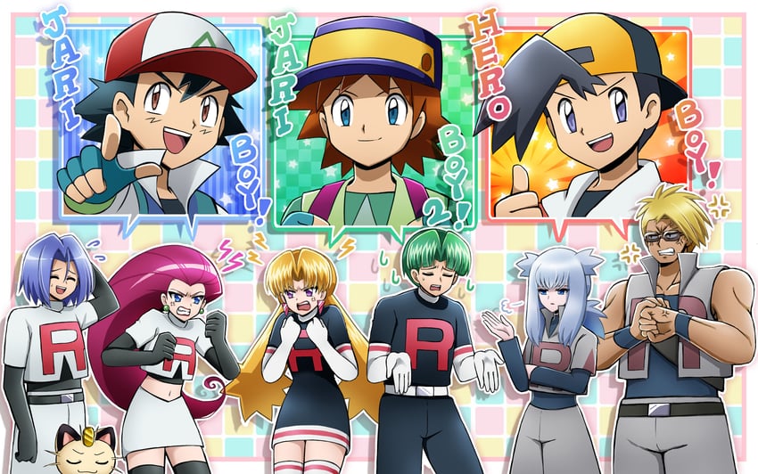 ash ketchum, ethan, jessie, james, meowth, and 5 more (pokemon) drawn by cokata