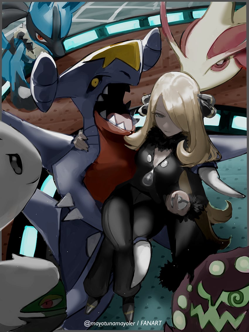 cynthia, lucario, garchomp, milotic, togekiss, and 2 more (pokemon and 1 more) drawn by mayotsunamayo