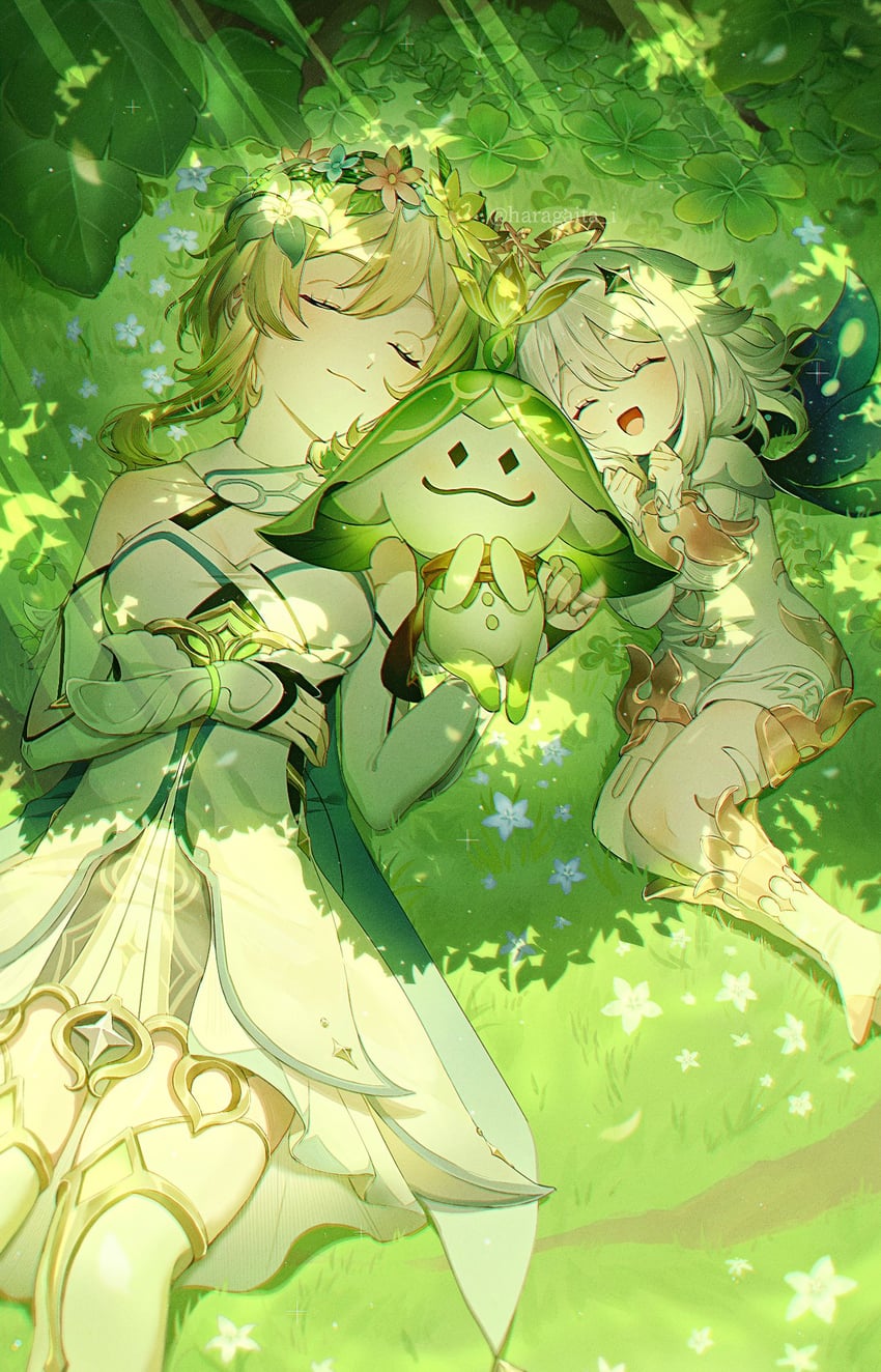lumine, paimon, aranara, and arama (genshin impact) drawn by haragaita_i