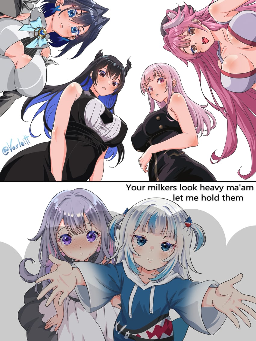 gawr gura, mori calliope, ouro kronii, nerissa ravencroft, koseki bijou, and 1 more (hololive and 1 more) drawn by varliet