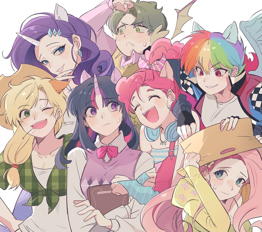 twilight sparkle, fluttershy, rainbow dash, pinkie pie, applejack, and 2 more (my little pony and 1 more) drawn by memoji_7672