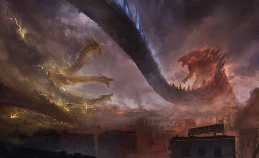 godzilla, king ghidorah, and burning godzilla (godzilla and 2 more) drawn by chenchihuei