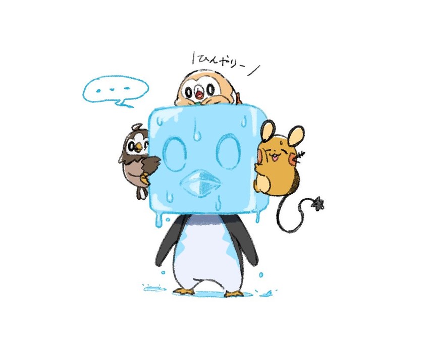 rowlet, dedenne, starly, and eiscue (pokemon) drawn by piku_(another_pikuru)