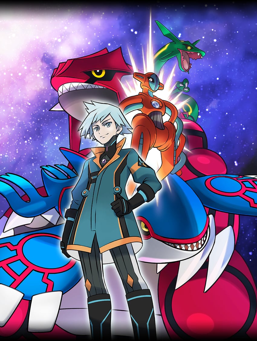 steven stone, rayquaza, kyogre, groudon, and deoxys (pokemon and 1 more) drawn by ariga_hitoshi