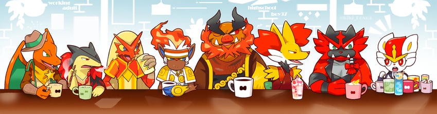 charizard, cinderace, blaziken, typhlosion, incineroar, and 3 more (pokemon) drawn by kiki_(431642)
