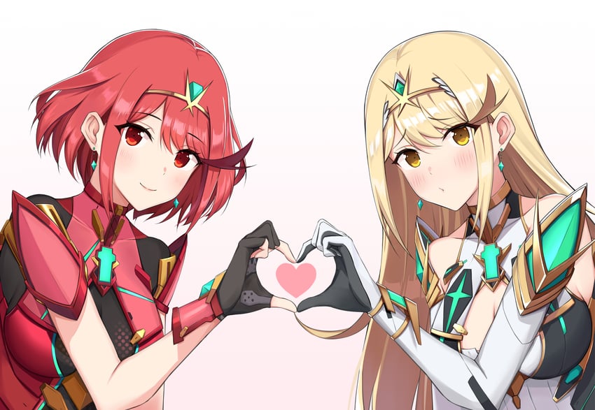 pyra and mythra (xenoblade chronicles and 1 more) drawn by backon