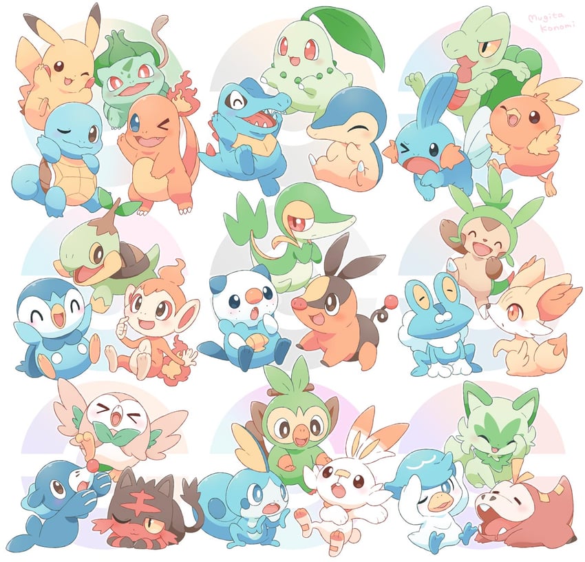 pikachu, rowlet, piplup, bulbasaur, sprigatito, and 23 more (pokemon) drawn by mugita_konomi