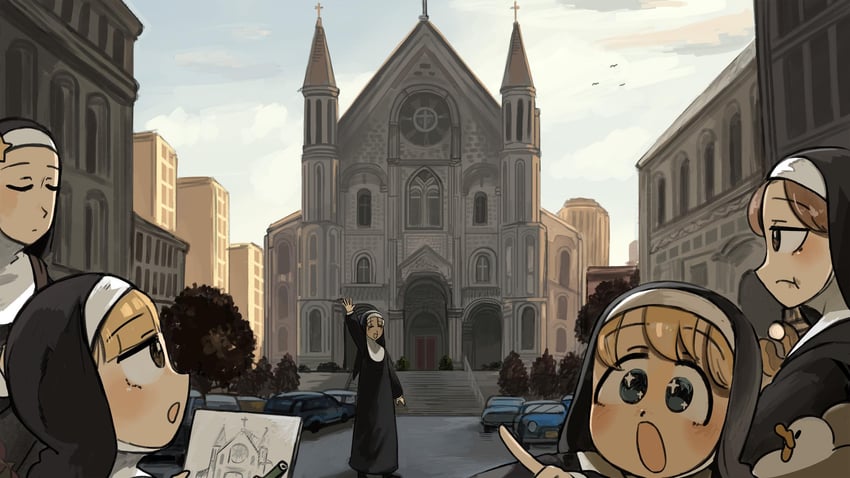 clumsy nun, spicy nun, hungry nun, star nun, and parted grey nun (little nuns) drawn by diva_(hyxpk)
