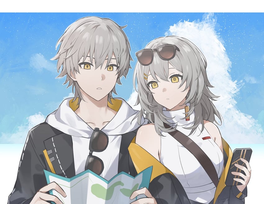 trailblazer, stelle, and caelus (honkai and 1 more) drawn by younomiti