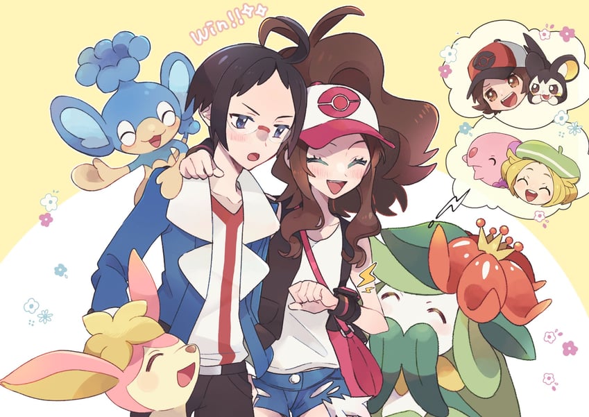 hilda, hilbert, bianca, cheren, emolga, and 4 more (pokemon and 1 more) drawn by misha_(ohds101)