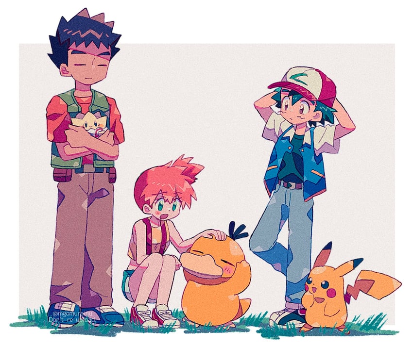 pikachu, ash ketchum, misty, psyduck, togepi, and 1 more (pokemon) drawn by mgomurainu