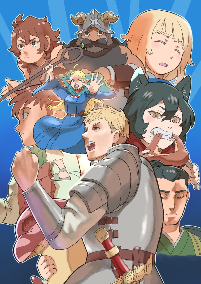marcille donato, falin touden, laios touden, senshi, chilchuck tims, and 4 more (street fighter and 2 more) drawn by k_katora