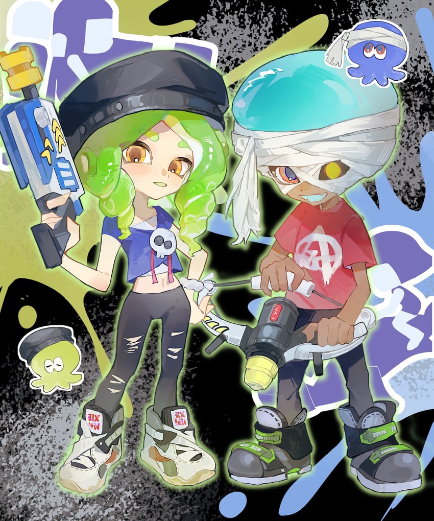 octoling player character, octoling girl, shiver, and octoling boy (splatoon and 1 more) drawn by rongyu1029