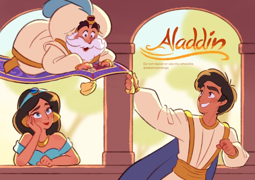 jasmine, aladdin, and sultan (aladdin) drawn by takatmaorange