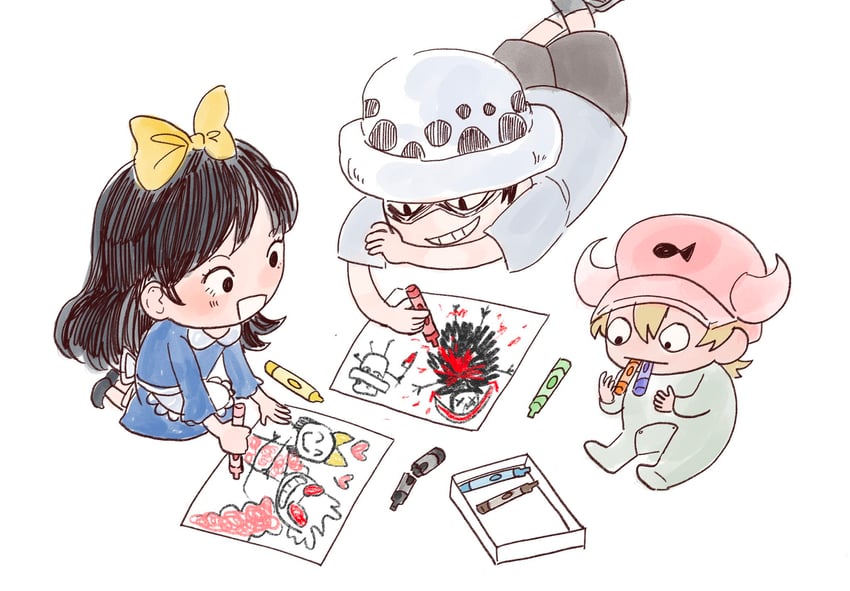 trafalgar law, donquixote doflamingo, donquixote rocinante, baby 5, and dellinger (one piece) drawn by avaxxah
