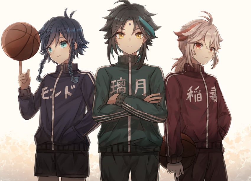 venti, xiao, and kaedehara kazuha (genshin impact) drawn by su34ma