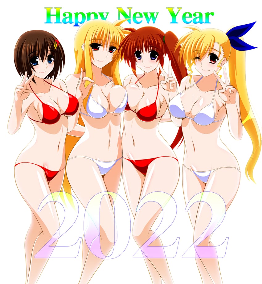 fate testarossa, takamachi nanoha, yagami hayate, and vivio (lyrical nanoha and 1 more) drawn by engo_(aquawatery)