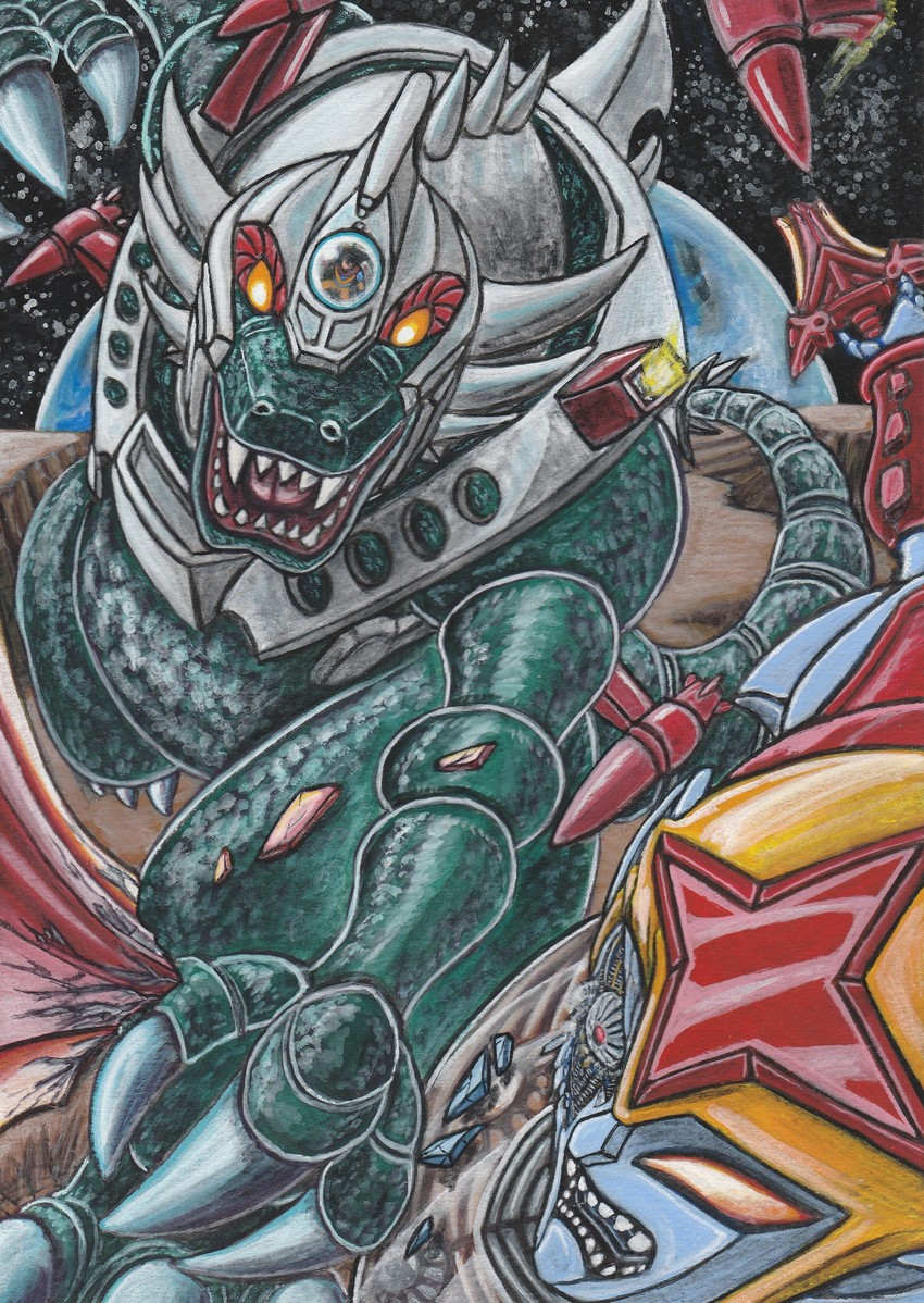 machinesaurer, todoroki seigi, and death cross (kyouryuu cyborg machinesaurer) drawn by furuta_yoroshi