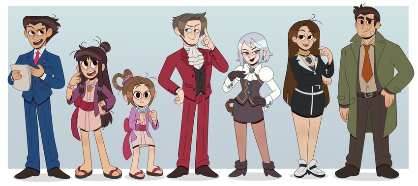 phoenix wright, miles edgeworth, maya fey, franziska von karma, dick gumshoe, and 2 more (ace attorney and 1 more) drawn by paula_peroff