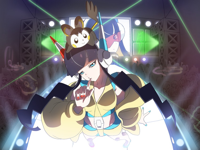 elesa, emolga, and ace trainer (pokemon and 1 more) drawn by yachi_(fujiyasu0616)