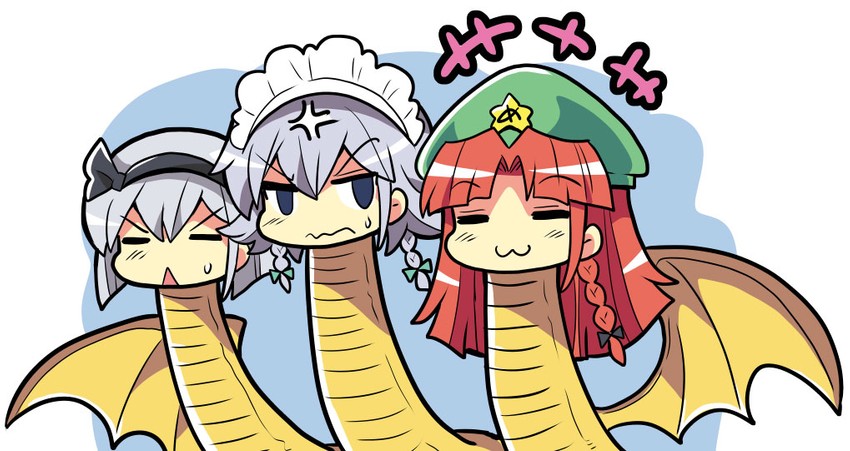 izayoi sakuya, konpaku youmu, hong meiling, and king ghidorah (touhou and 3 more) drawn by colonel_aki