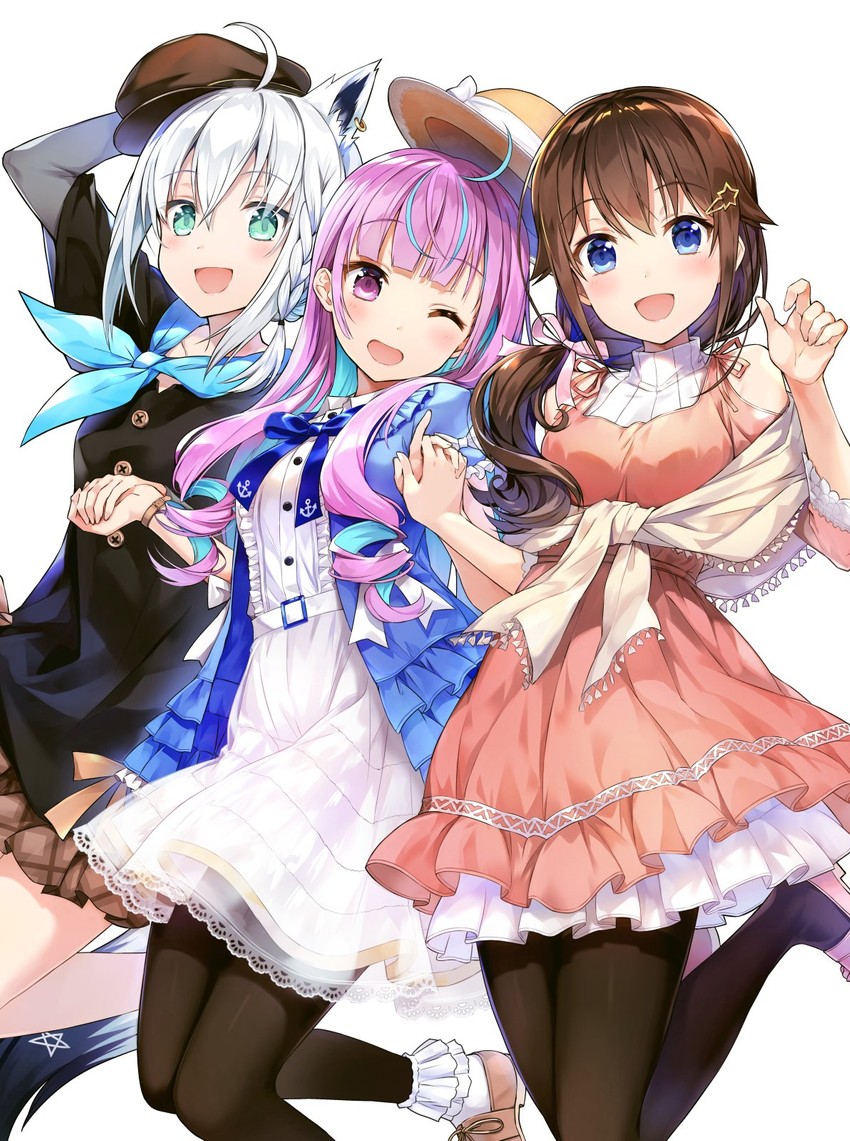 shirakami fubuki, minato aqua, and tokino sora (hololive) drawn by amagai_tarou