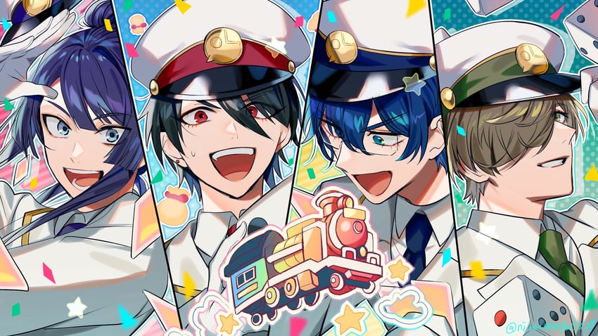 yumeoi kakeru, leos vincent, oliver evans, and nagao kei (nijisanji) drawn by ninahachi