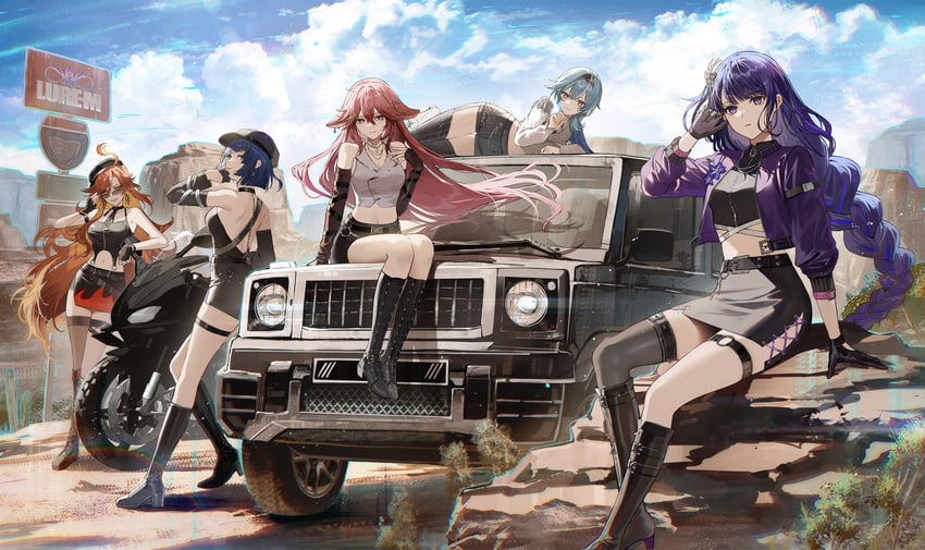 raiden shogun, yae miko, eula, yelan, and mavuika (genshin impact) drawn by kuga_huna
