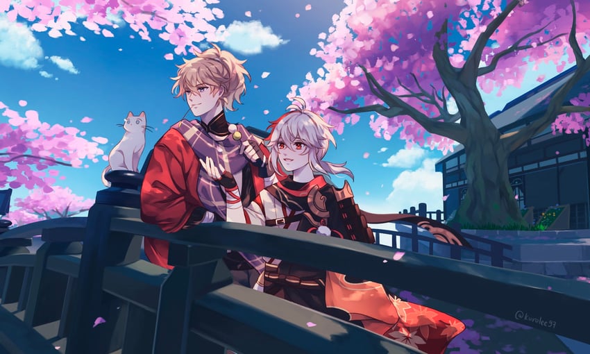 kaedehara kazuha and kazuha's friend (genshin impact) drawn by kuro_lee
