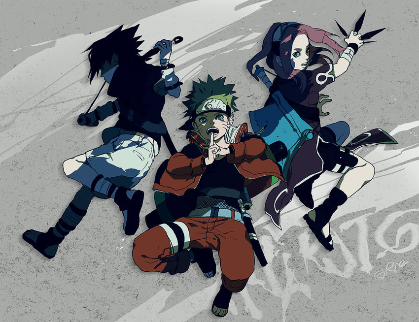 haruno sakura, uzumaki naruto, and uchiha sasuke (naruto) drawn by sumishuu