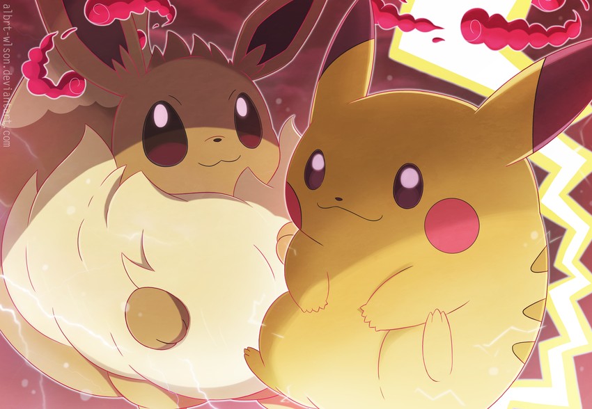 pikachu, eevee, gigantamax pikachu, and gigantamax eevee (pokemon) drawn by albrt-wlson