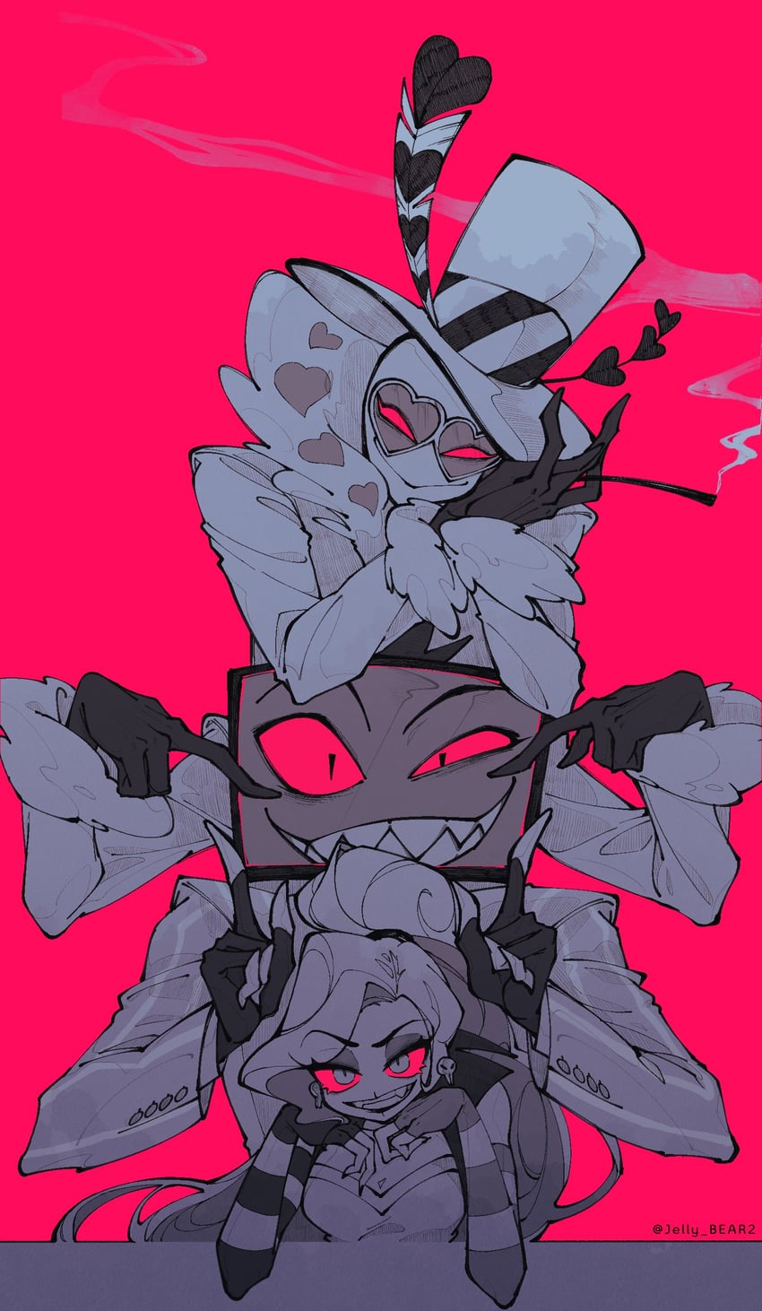 valentino, vox, and velvette (hazbin hotel) drawn by jelly_bear2