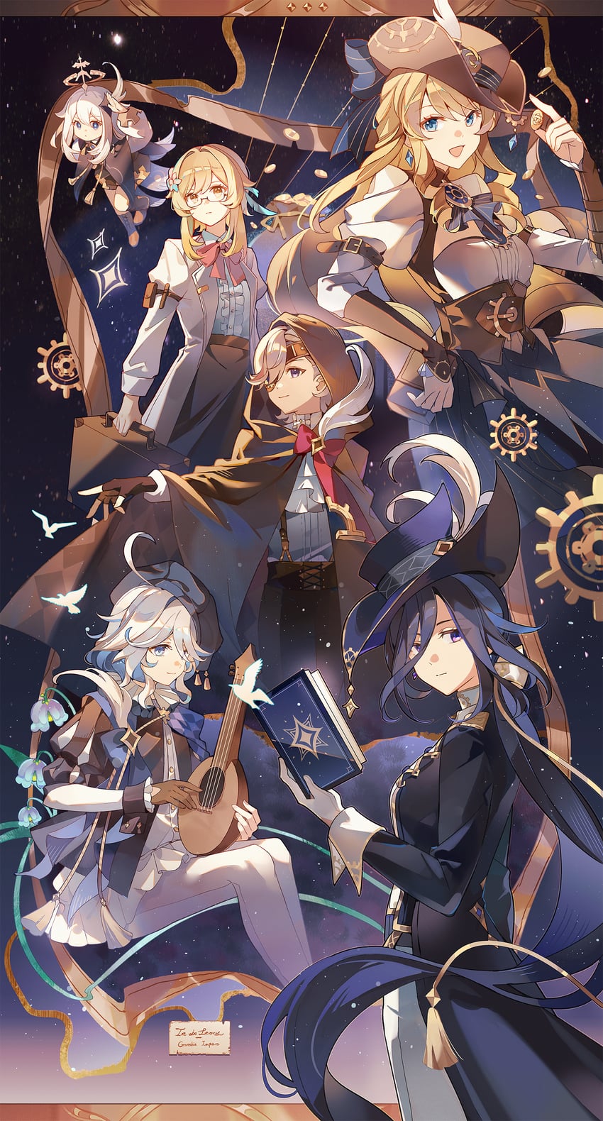 lumine, furina, paimon, navia, lyney, and 1 more (genshin impact) drawn by sevallasd