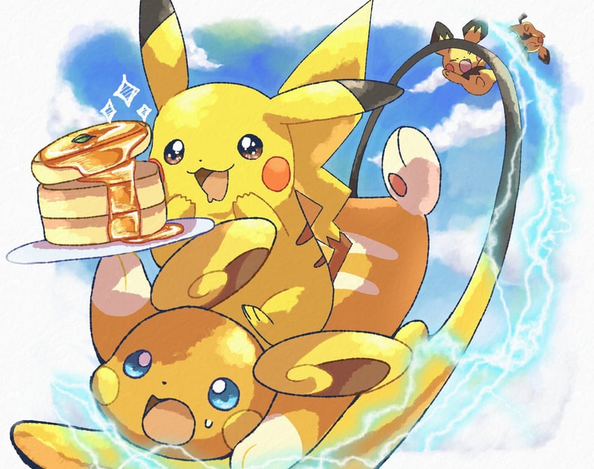 pikachu, pichu, and alolan raichu (pokemon) drawn by roku_(rokkrn)