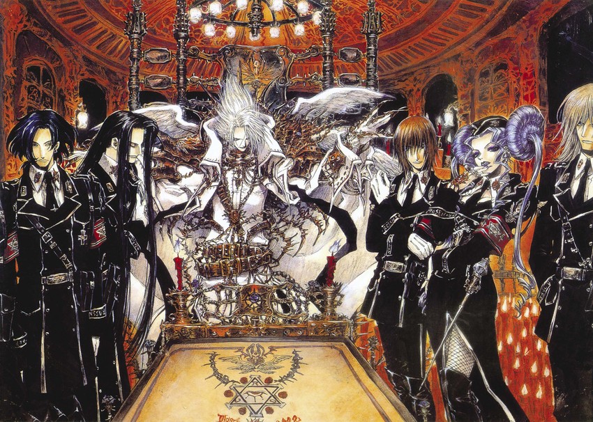 cain nightroad, helga von vogelweide, dietrich von lohengrin, isaak fernand von kampfer, balthasar von neumann, and 2 more (trinity blood) drawn by shibamoto_thores